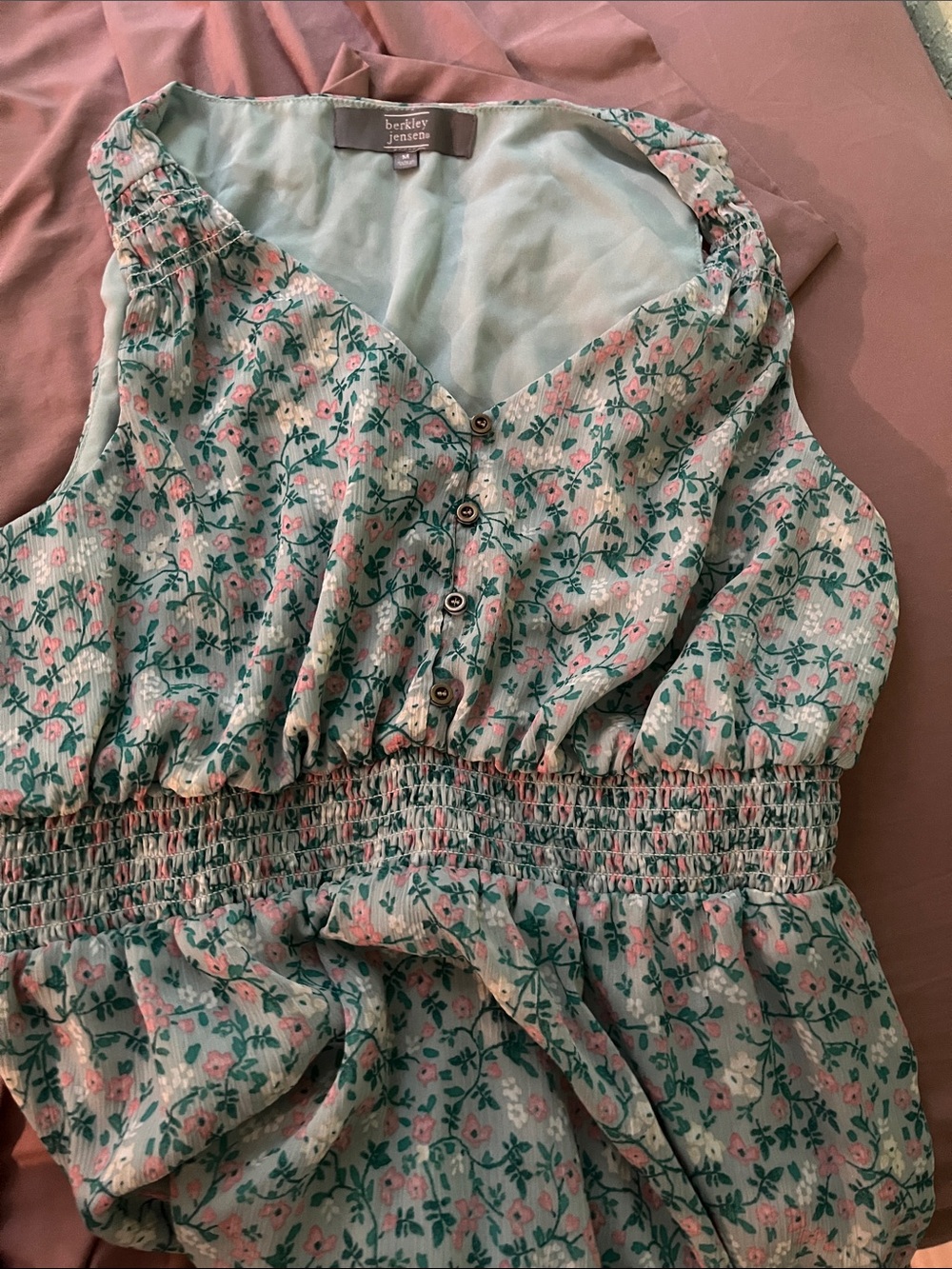 Berkley Jensen Mint Floral Sleeveless Smocked Waist Dress